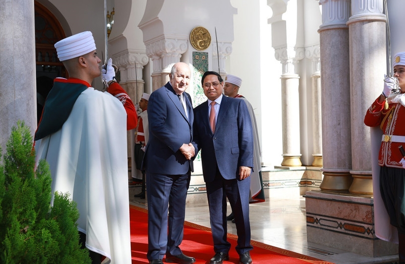 Prime Minister Pham Minh Chinh (right) meets with Algerian President Abdelmadjid Tebboune in Algiers on November 19 afternoon. (Photo: VNA)
