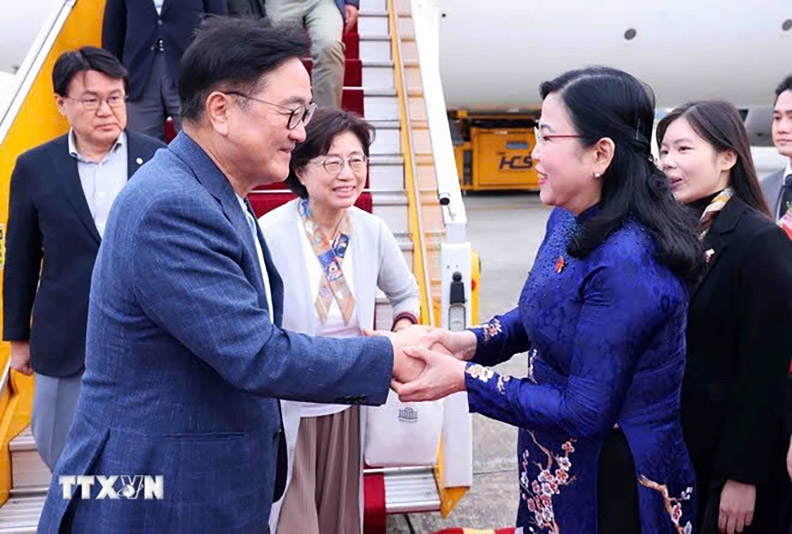 Chairwoman of the National Assembly’s Committee on Science, Technology and Environment Nguyen Thanh Hai welcomes Speaker of the Korean National Assembly Woo Won-shik and his spouse at Noi Bai Bài International Airport on November 20. (Photo: VNA)