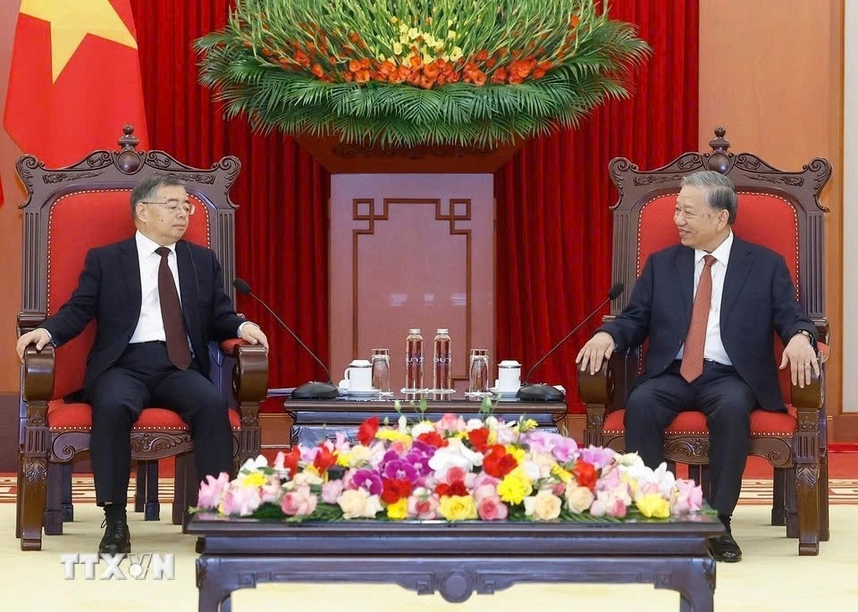 To Lam (R), General Secretary of the Communist Party of Vietnam Central Committee, and Li Shulei, member of the Political Bureau, Secretary of the Secretariat, and Head of the Publicity Department of the Communist Party of China, during their meeting in Hanoi on November 13. (Photo: VNA)