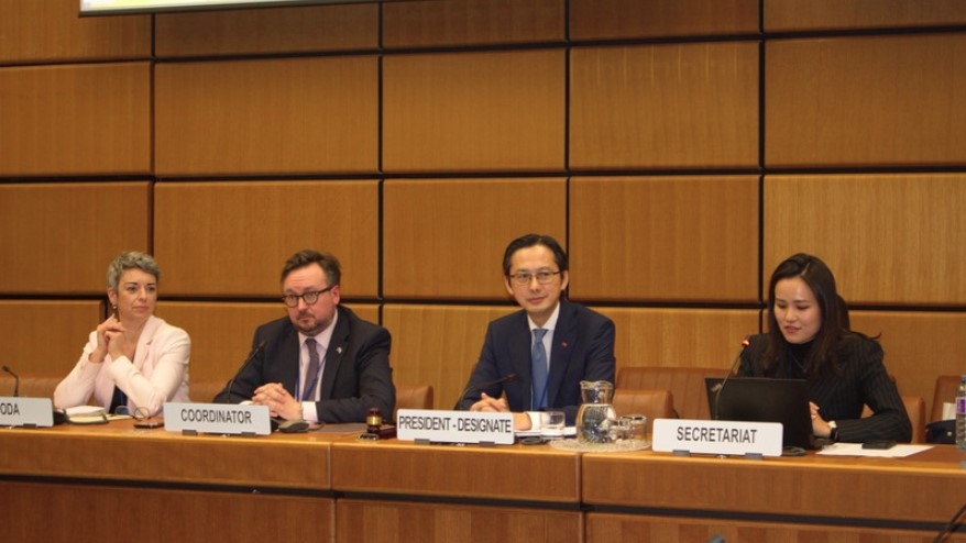 Ambassador Do Hung Viet (second from right), Permanent Representative of Vietnam to the United Nations and President-designate of the 11th Review Conference (RevCon 11) of the Treaty on the Non-Proliferation of Nuclear Weapons (NPT), chairs regional group consultations. (Photo: VNA)