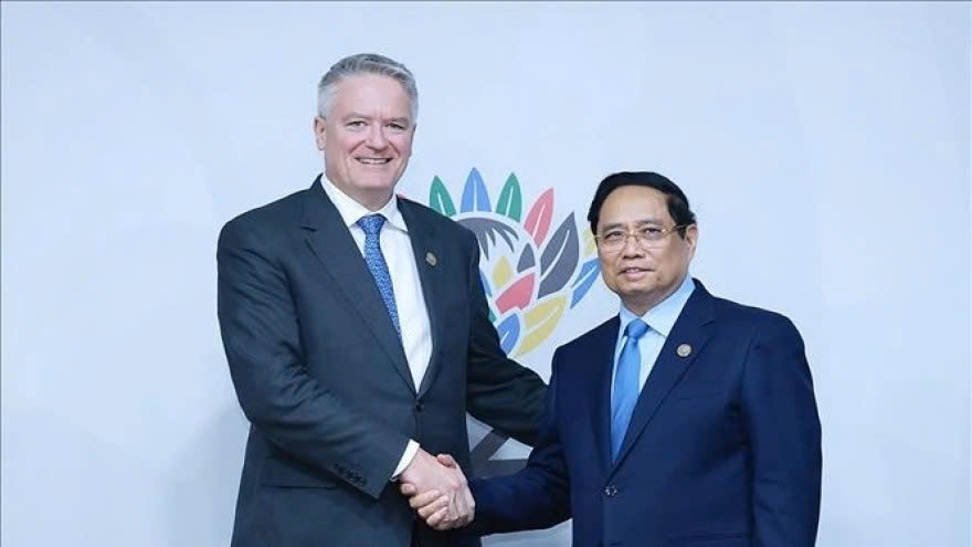 Vietnamese Prime Minister Pham Minh Chinh and Secretary-General of the Organisation for Economic Cooperation and Development (OECD) Mathias Cormann during their meeting in South Africa on November 23
