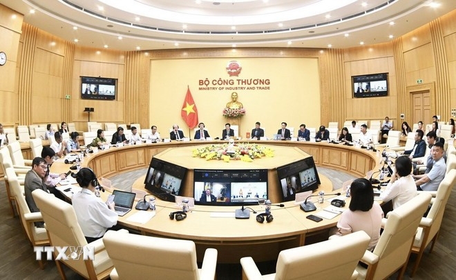 A view of the online meeting of the EVFTA Trade Committee in Hanoi on June 26, 2025.