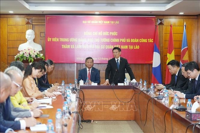 Deputy Prime Minister Ho Duc Phoc speaks at the meeting with the Vietnamese Embassy in Laos. (Photo: VNA)