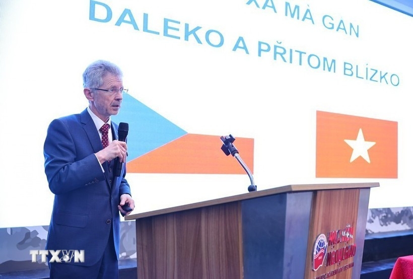 President of the Senate of the Czech Parliament Milos Vystrcil speaks at the event.