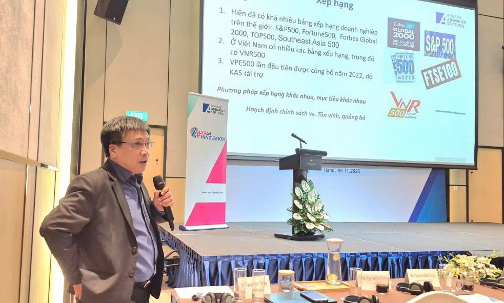 Dr. Tran Toan Thang, Head of the International Studies and Integration Policies Division at NIEF presents the VPE500 - Report 2025 report 