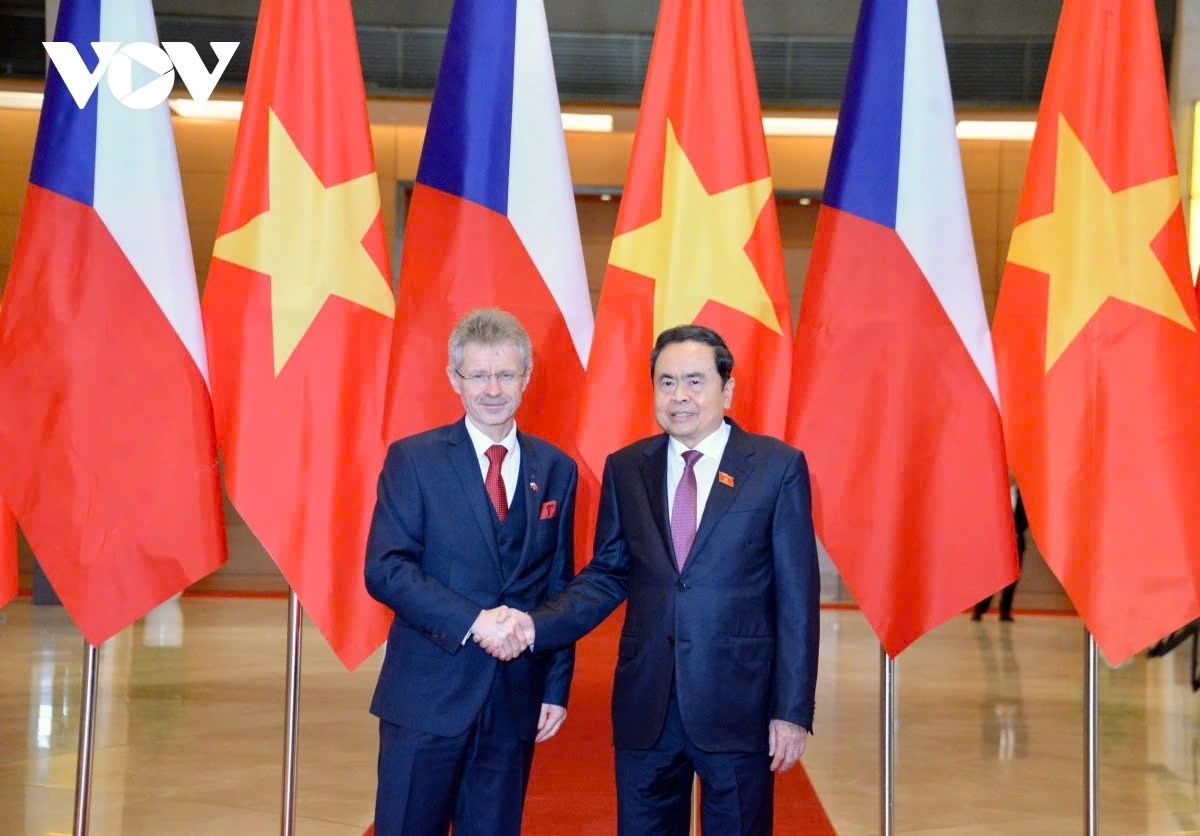 Vietnamese National Assembly Chairman Tran Thanh Man (R) and visiting Czech Senate President Milos Vystrcil ahead of their talks in Hanoi on November 21