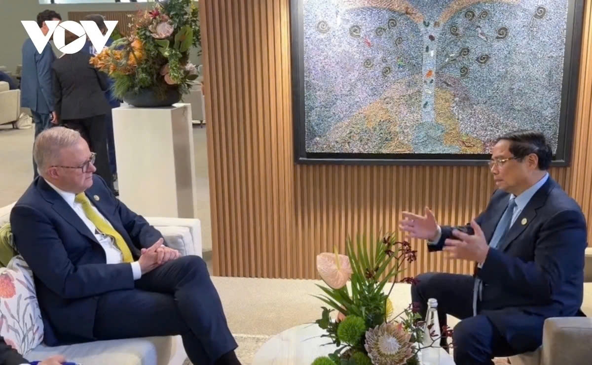 Vietnamese Prime Minister Pham Minh Chinh (R) meets Australian Prime Minister Anthony Albanese in South Africa on November 23