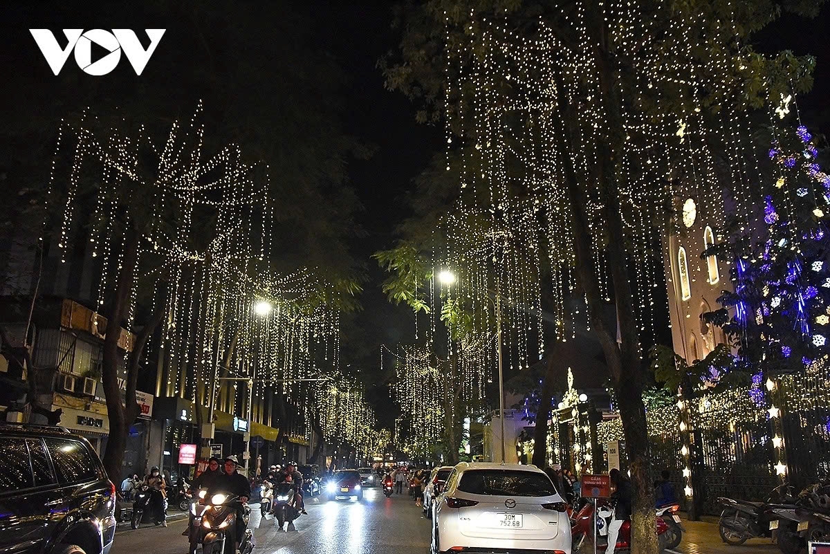 The area in front of Ham Long Church on Ham Long Street is illuminated with dazzling lights on Saturday.