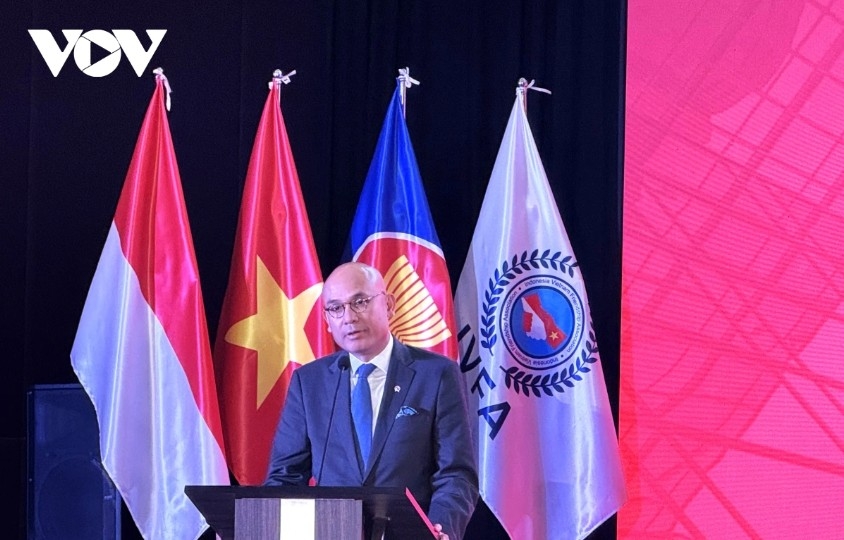 Indonesian Deputy Foreign Minister Arrmanatha Christiawan Nasir speaks at the ceremony marking 70 years of Vietnam-Indonesia relations