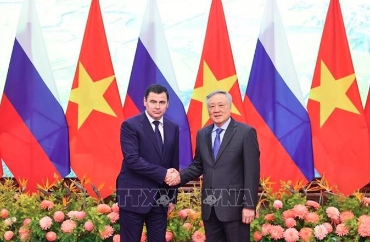 Permanent Deputy Prime Minister Nguyen Hoa Binh (right) and Aide to the Russian President Dmitry Mironov at their meeting on December 3 (Photo: VNA)
