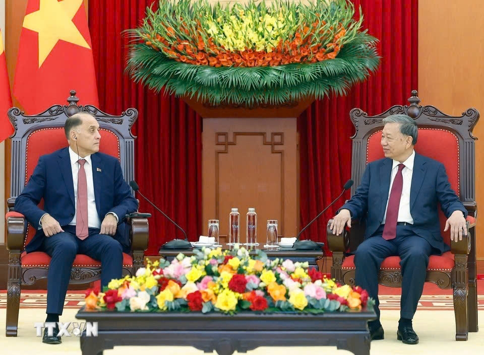 Vietnamese Party General Secretary To Lam (R) and Belarus Security Council Secretary Alexander Volfovich during their meeting in Hanoi on December 3. (Photo: VNA)