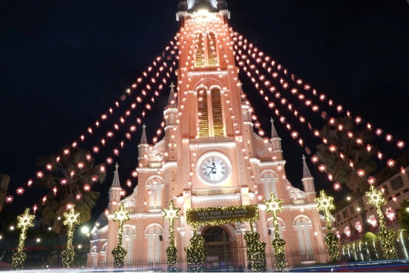 Tan Dinh Church is adorned with star-shaped lanterns matching the church’s colors