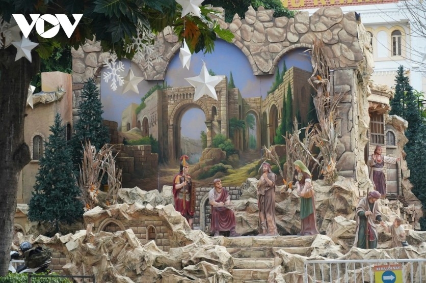 A Christmas display at Tan Dinh Church is nearing completion