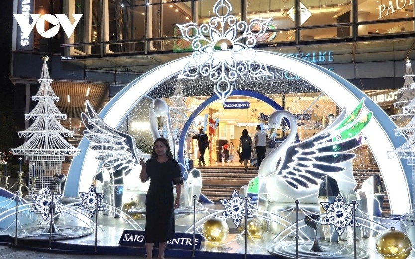 Another area is decorated in white for Christmas