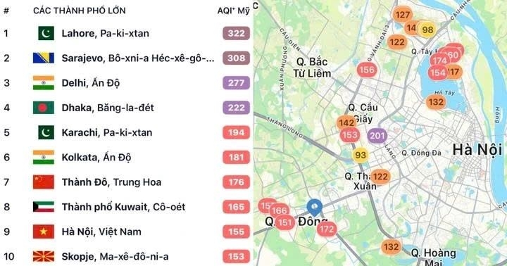 Hanoi again ranks in the top 10 of the world’s most polluted cities for air quality on the morning of December 16. (Photo: AirVisual)