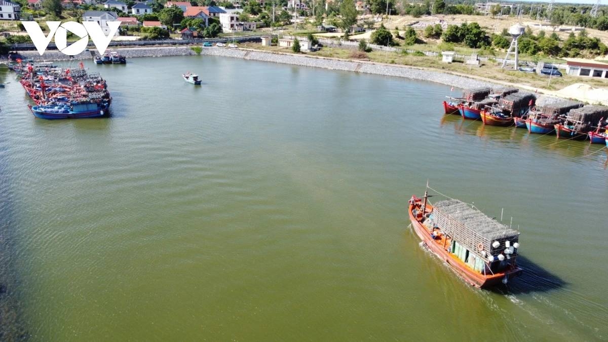 Offshore fishing vessels from Quang Tri Province are anchored in a harbour basin