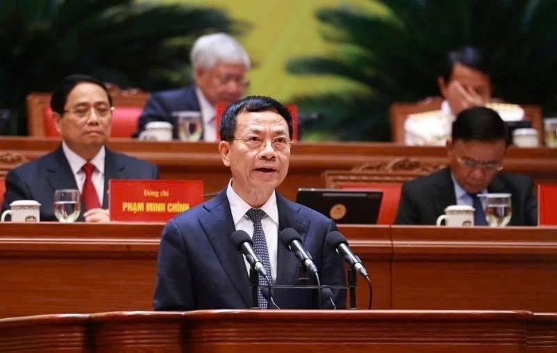 Science and Technology Minister Nguyen Manh Hung presents a report at the ongoing 14th National Party Congress in Hanoi