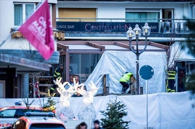 The scene of the fire at Le Constellation bar in the Crans-Montana ski resort in the canton of Valais