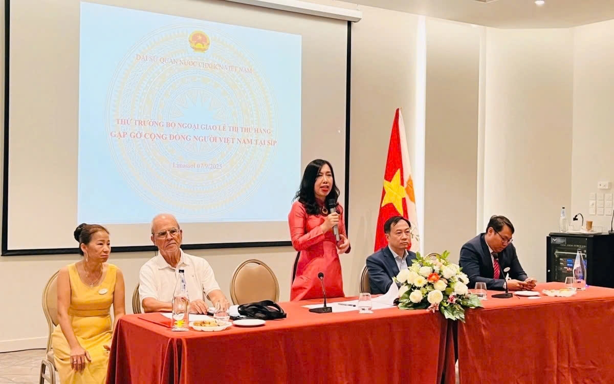 Deputy Foreign Minister Le Thi Thu Hang, head of the State Committee for Overseas Vietnamese Affairs, speaks during a meeting with overseas Vietnamese in Cyprus