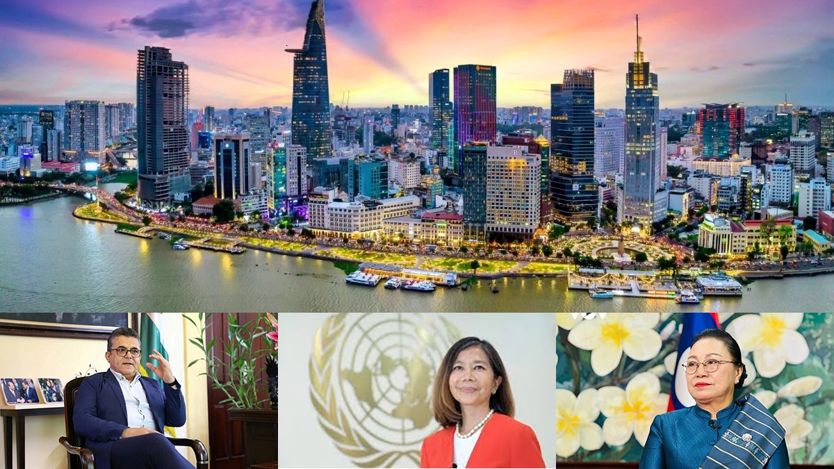 From left to right: Palestinian Ambassador to Vietnam Saadi Salama, UN Resident Coordinator in Vietnam Pauline Tamesis, and Lao Ambassador to Vietnam Khamphao Earthavanh