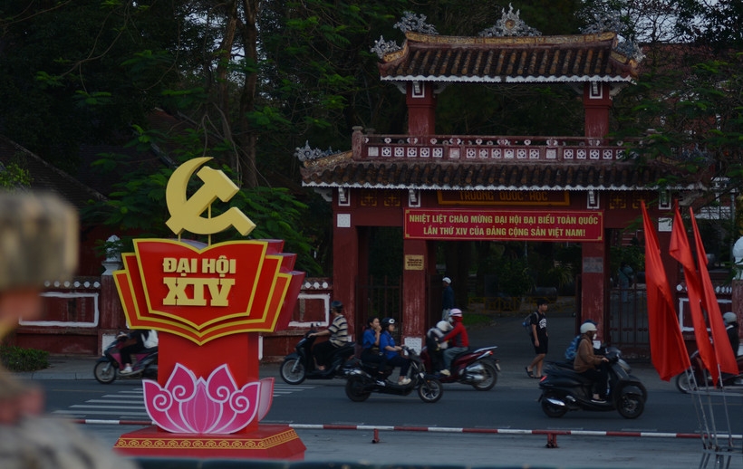 Banners and decorations welcoming the 14th National Congress of the Communist Party of Vietnam are displayed at the central park in Hue city.