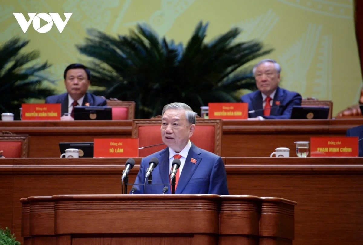 Party General Secretary To Lam presents the Political Report at the the 14th National Party Congress in Hanoi on January 20, 2026