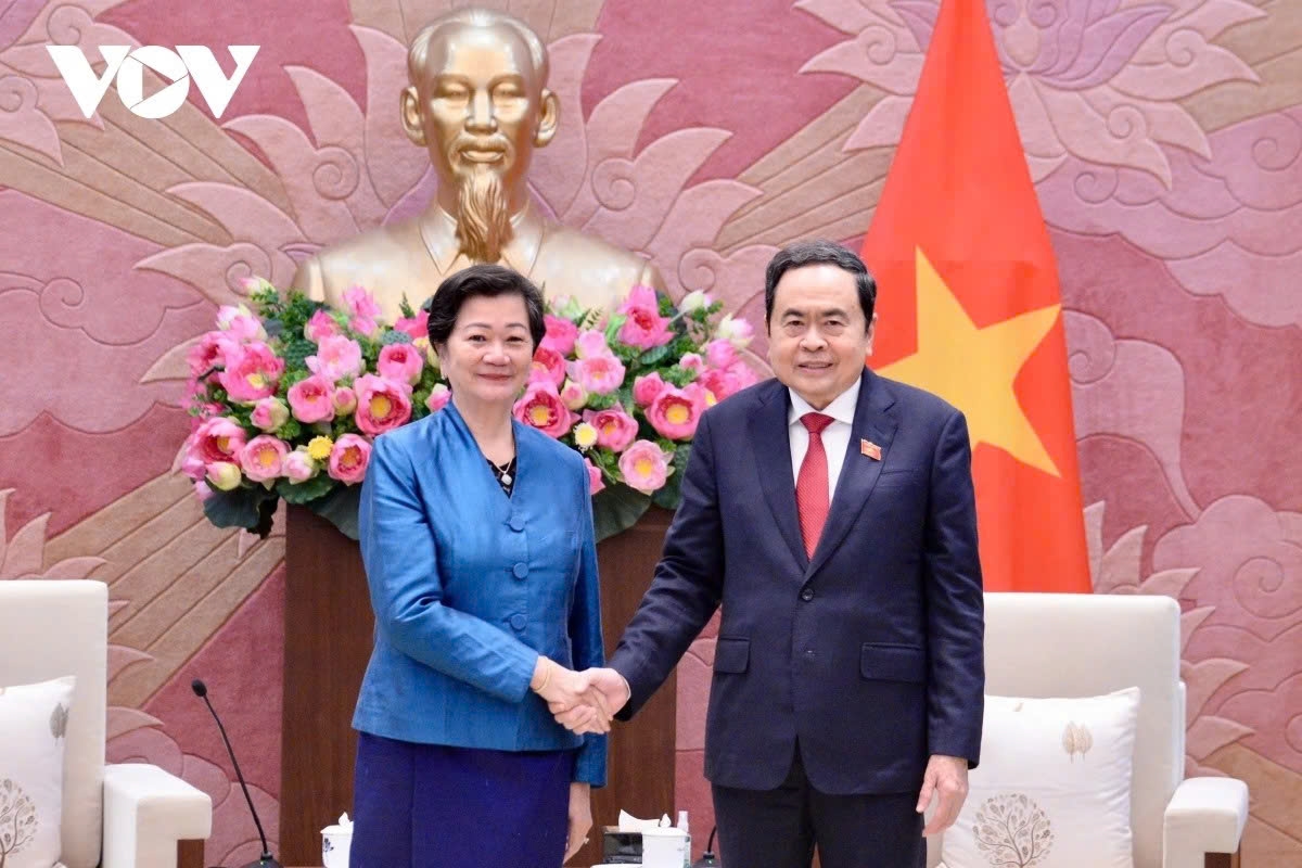 Vietnamese National Assembly Chairman Tran Thanh Man (R) and Cambodian Ambassador Chea Kimtha during their farewell meeting in Hanoi on January 13