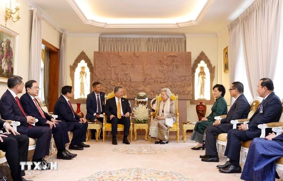 On February 6, General Secretary To Lam pays a visit to Queen Mother Norodom Monineath Sihanouk at the Royal Palace. (Photo: VNA)