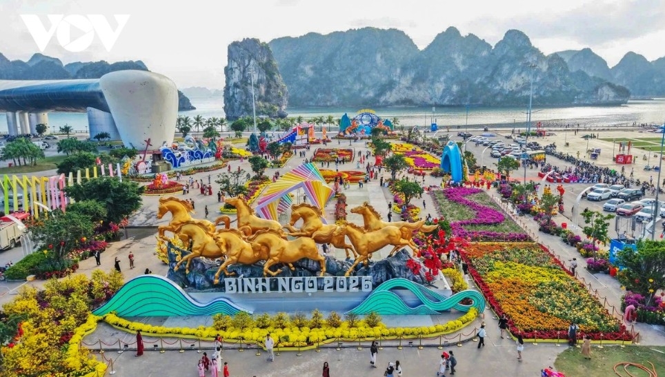The flower boulevard and light-technology display along the shore of the UNESCO-listed Ha Long Bay officially open to residents and visitors during the Tet holiday, from February 15 to 22, 2026, at the October 30 Square-provincial museum-library complex in Quang Ninh (Ha Long Ward).