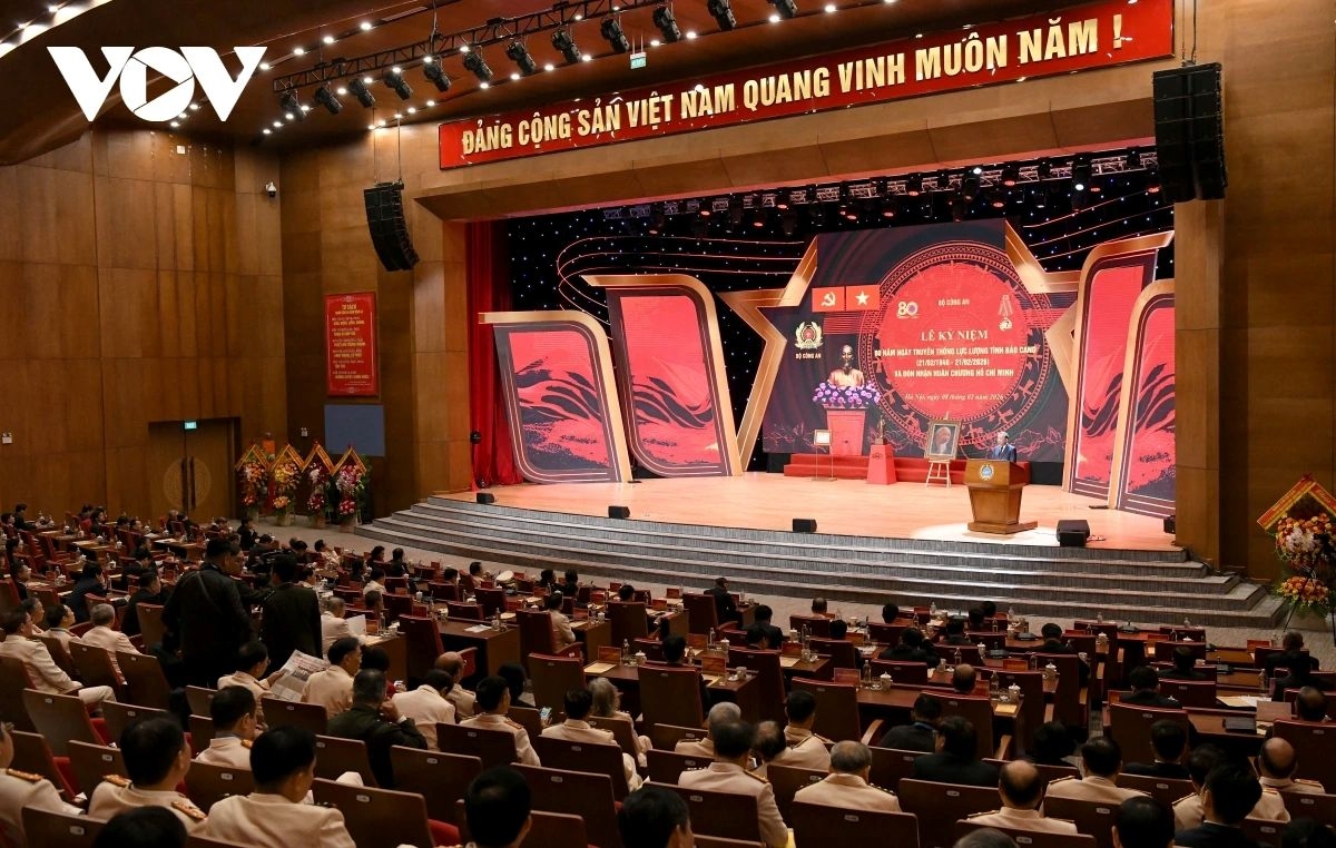 Party General Secretary To Lam speaks at a ceremony marking 80 years of the People's Public Security Intelligence Force in Hanoi on February 8