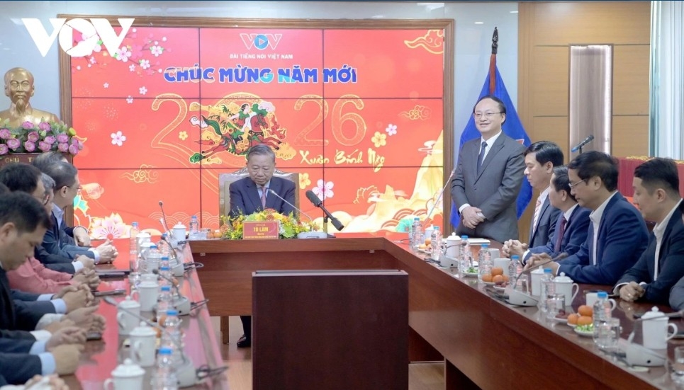 VOV President Do Tien Sy speaks at the ceremony welcoming Party General Secretary To Lam on his pre-Tet visit  to VOV.