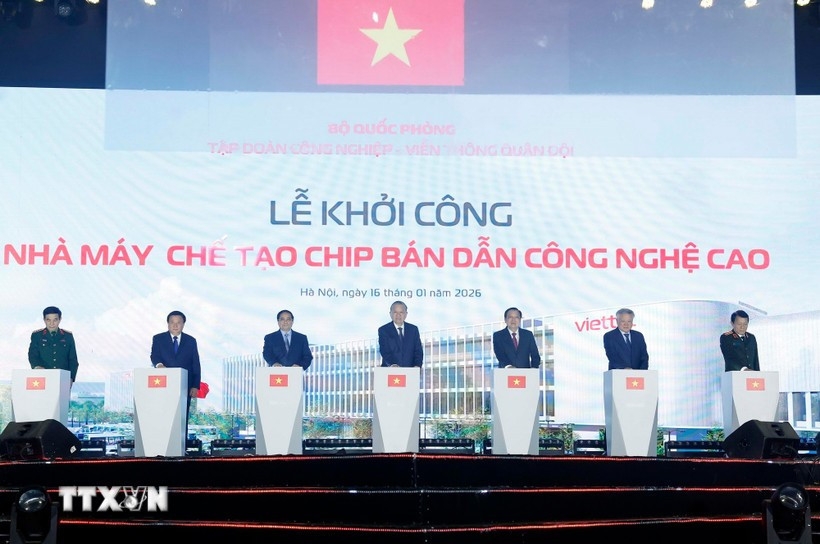 Party General Secretary To Lam (centre) and Prime Minister Pham Minh Chinh (third from left) and other delegates break ground for Vietnam’s first semiconductor chip manufacturing plant.
