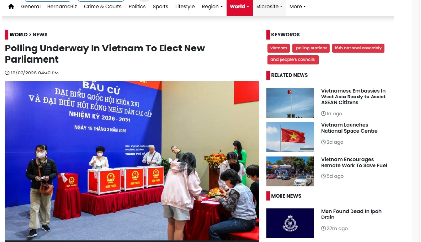 Bernama, the national news agency of Malaysia, runs coverage on the elections for the National Assembly and local People’s Councils for the 2026-2031 term in Vietnam. (screenshot)
