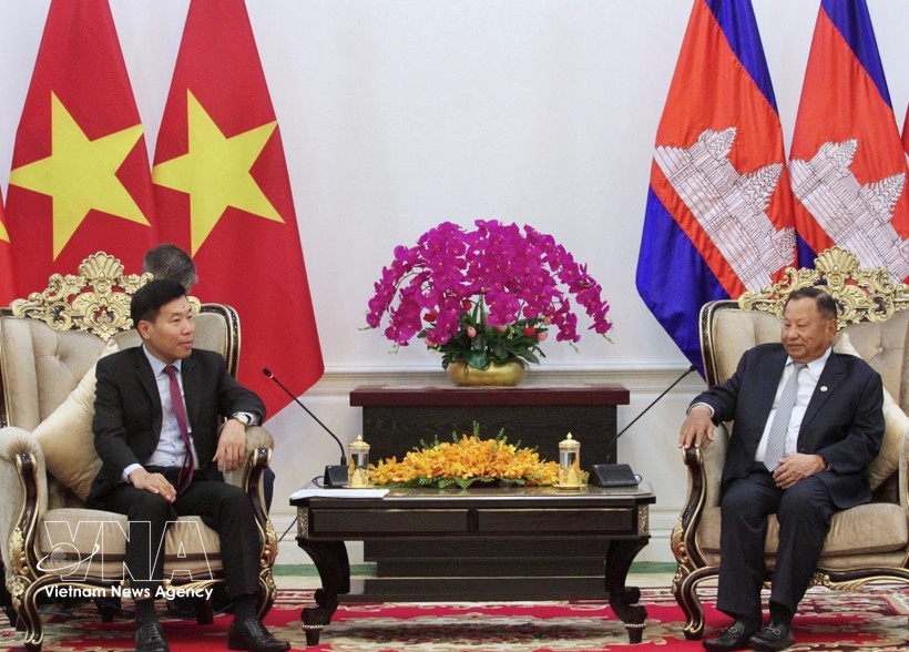 Vice President of the Cambodian People's Party (CPP) and Chairman of the Standing Board of the CPP Central Committee Samdech Say Chhum (R) receives Deputy Minister of Foreign Affairs Nguyen Manh Cuong in Phnom Penh. (Photo: VNA)