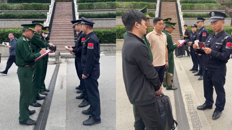 Vietnamese border guards hand over Chen Lu (in a black jacket) to Chinese police 