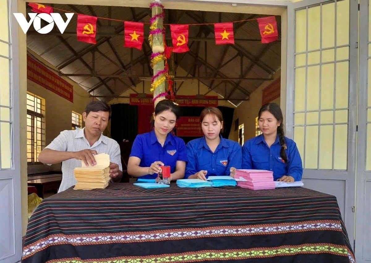 At polling stations, youth volunteers help sort, stamp and arrange ballot papers.