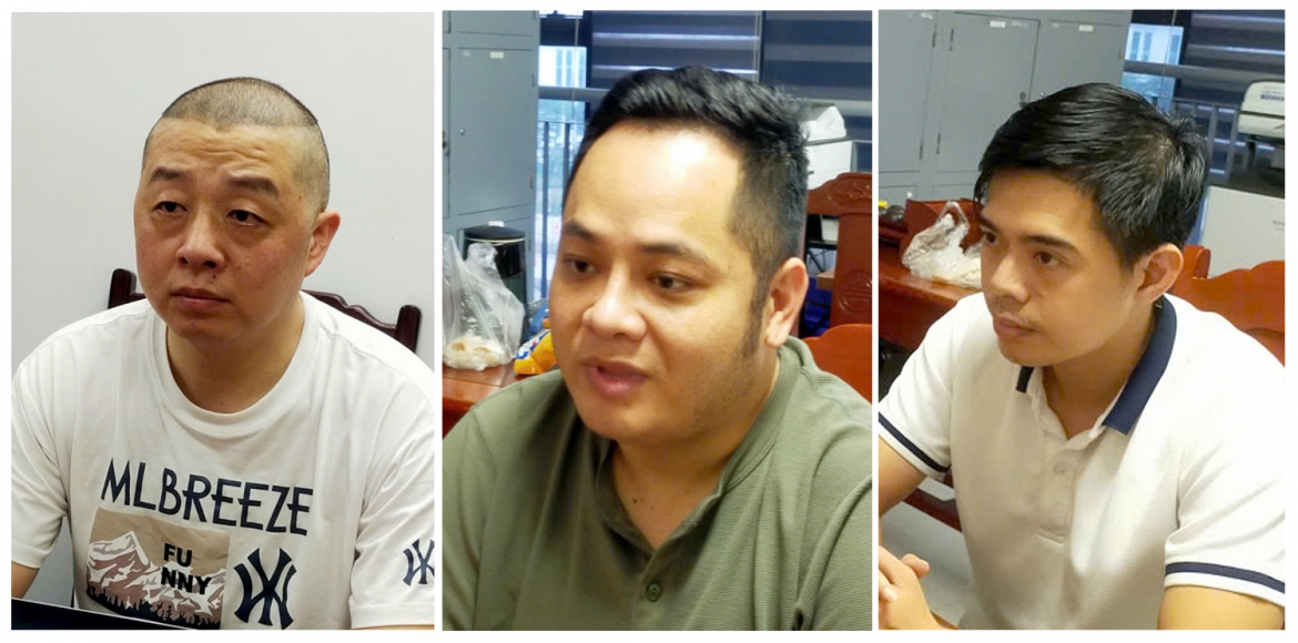 Xiang Guoquan (first from left) and other two Vietnamese accomplices in a fraud ring accused of appropriating assets via the Merry Trade e-commerce platform (Photo: Police)