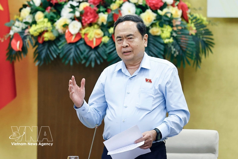 National Assembly Chairman Tran Thanh Man speaks at the conference on March 17 reviewing coordination between the NA Standing Committee and the Presidium of the VFF Central Committee in 2025. (Photo: VNA)