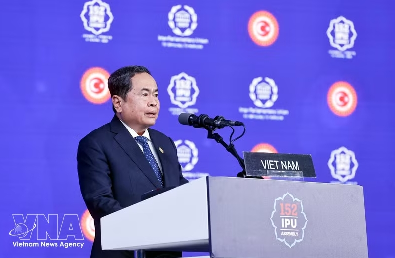 Chairman of the Vietnamese National Assembly Tran Thanh Man speaks at the general debate of the 152nd Assembly of the Inter-Parliamentary Union (IPU-152) in Türkiye on April 16, 2026. (Photo: VNA)