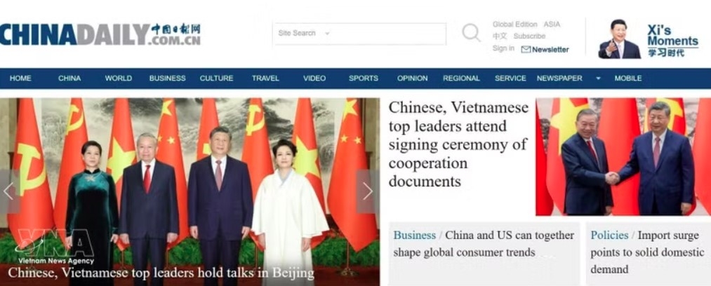 The China Daily reports on the activities of General Secretary of the Communist Party of Vietnam (CPV) Central Committee and President of Vietnam To Lam and his spouse in China. (Photo published by VNA)