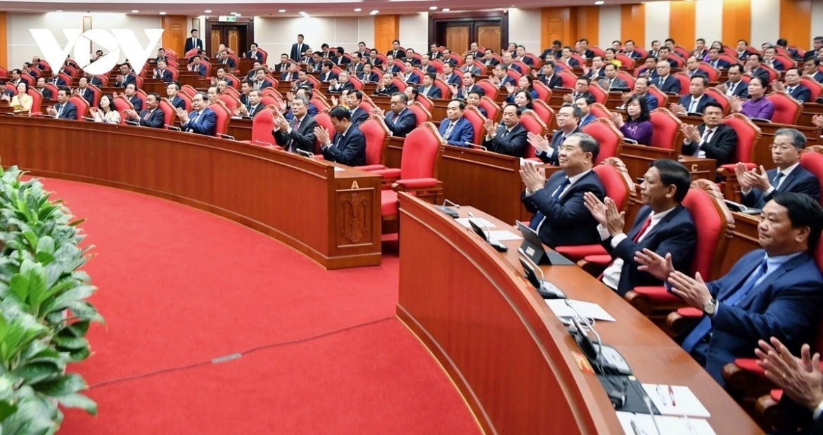 Senior Party officials attend the second plenum of the 14th Party Central Committee in Hanoi in early April 2026