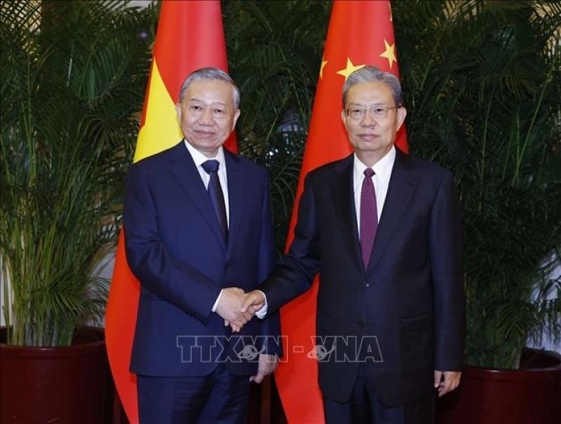 To Lam (L), Party General Secretary and President of Vietnam meets with Zhao Leji, Chairman of the Standing Committee of the National People’s Congress of China in Beijing on April 15. (Photo: VNA)