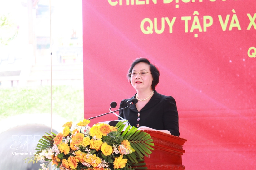 Deputy Prime Minister Pham Thi Thanh Tra speaks at the ceremony to launch a nationwide 500-day campaign on the search, recovery, and identification of fallen soldiers’ remains.
