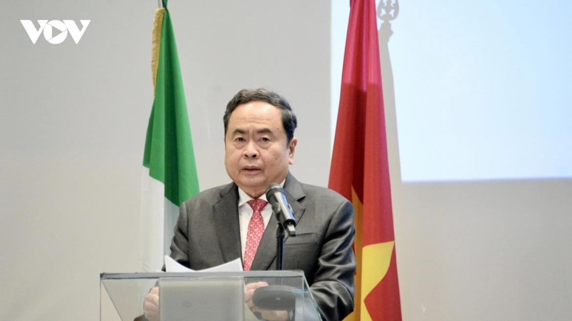Vietnam's National Asssembly Chairman Tran Thanh Man speaks during the policy dialogue on enhancing Vietnam - Italy cooperation on April 13