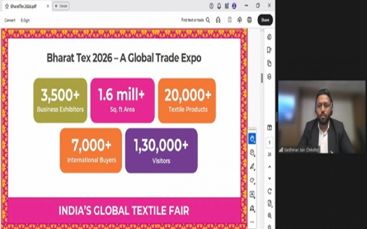 Goutham Jain, representing the organising agency of Bharat Tex 2026, introduces cooperation opportunities at the trade fair