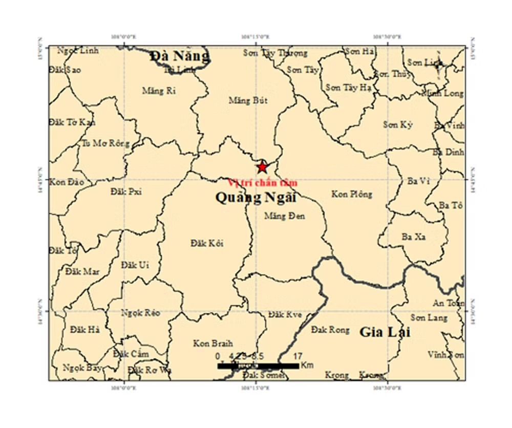 The epicentre of one of the six earthquakes recorded in Quang Ngai on May 11. (Photo: the Earthquake Information and Tsunami Warning Centre)