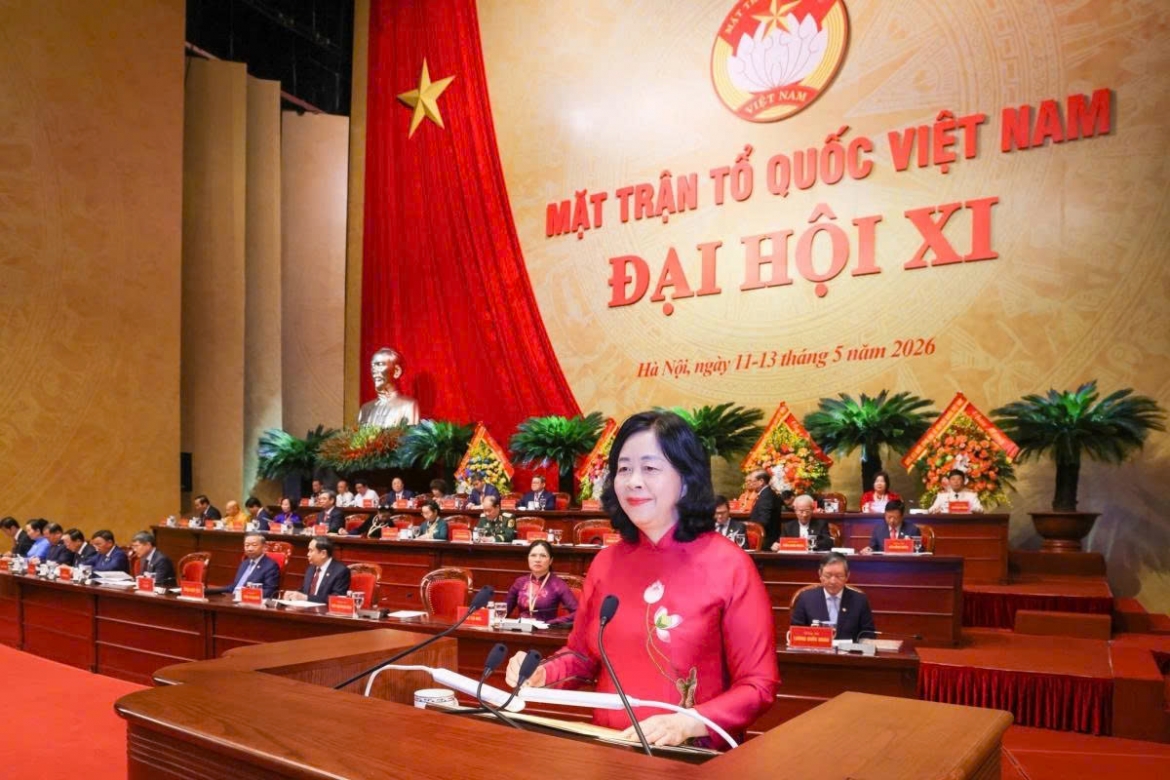 Bui Thi Minh Hoai, President of the Vietnam Fatherland Front Central Committee for the 10th tenure, delivers the opening speech at the congress. (Photo: VNA)