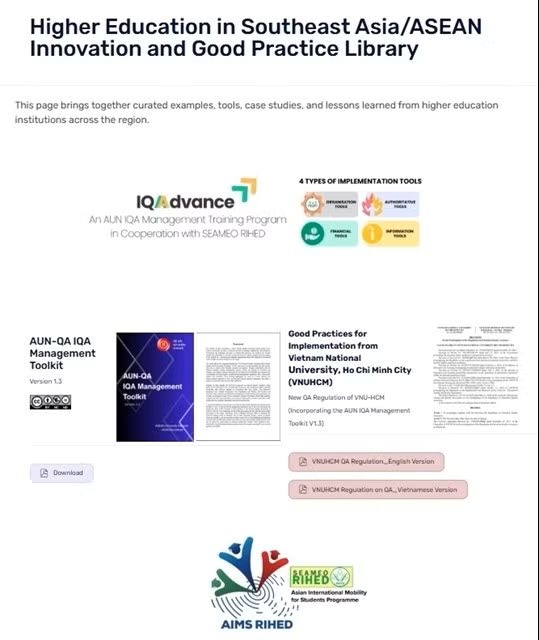 A screenshot from the SEAMEO RIHED website features VNU-HCM’s newly issued Regulation on Education Quality Assurance. (Photo courtesy of VNU-HCM)