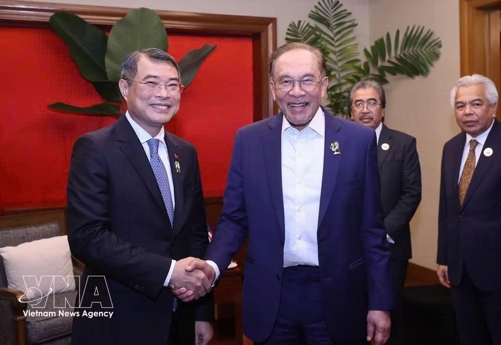 Vietnamese Prime Minister Le Minh Hung (left) shakes hands with Malaysian Prime Minister Anwar Ibrahim at their meeting in Cebu on May 8. (Photo: VNA)