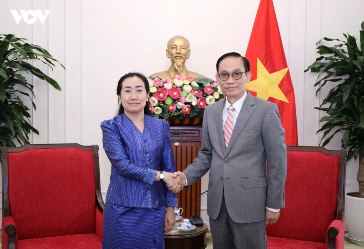 Vietnamese Foreign Minister Le Hoai Trung (R) and newly accredited Cambodian Ambassador Touch Sopharath during their meeting in Hanoi on May 21
